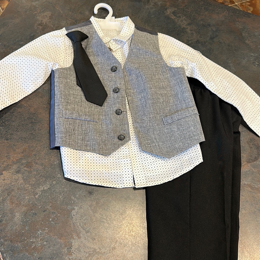 Boys 3 piece suit. Black and white print shirt, black tie and pants